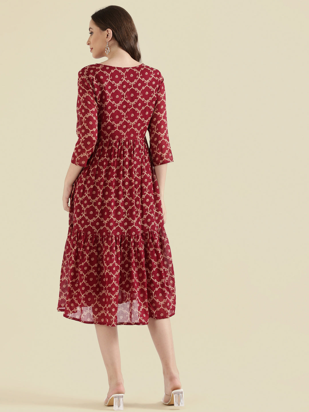 Cotton Voile Block Print V-Neck Gathered Tiered Midi Dress