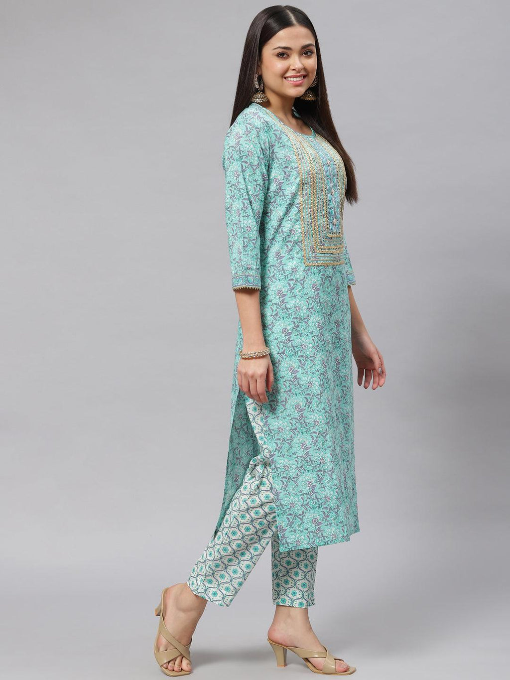 Divena Seagreen Cotton kurta Pant set with Dupatta