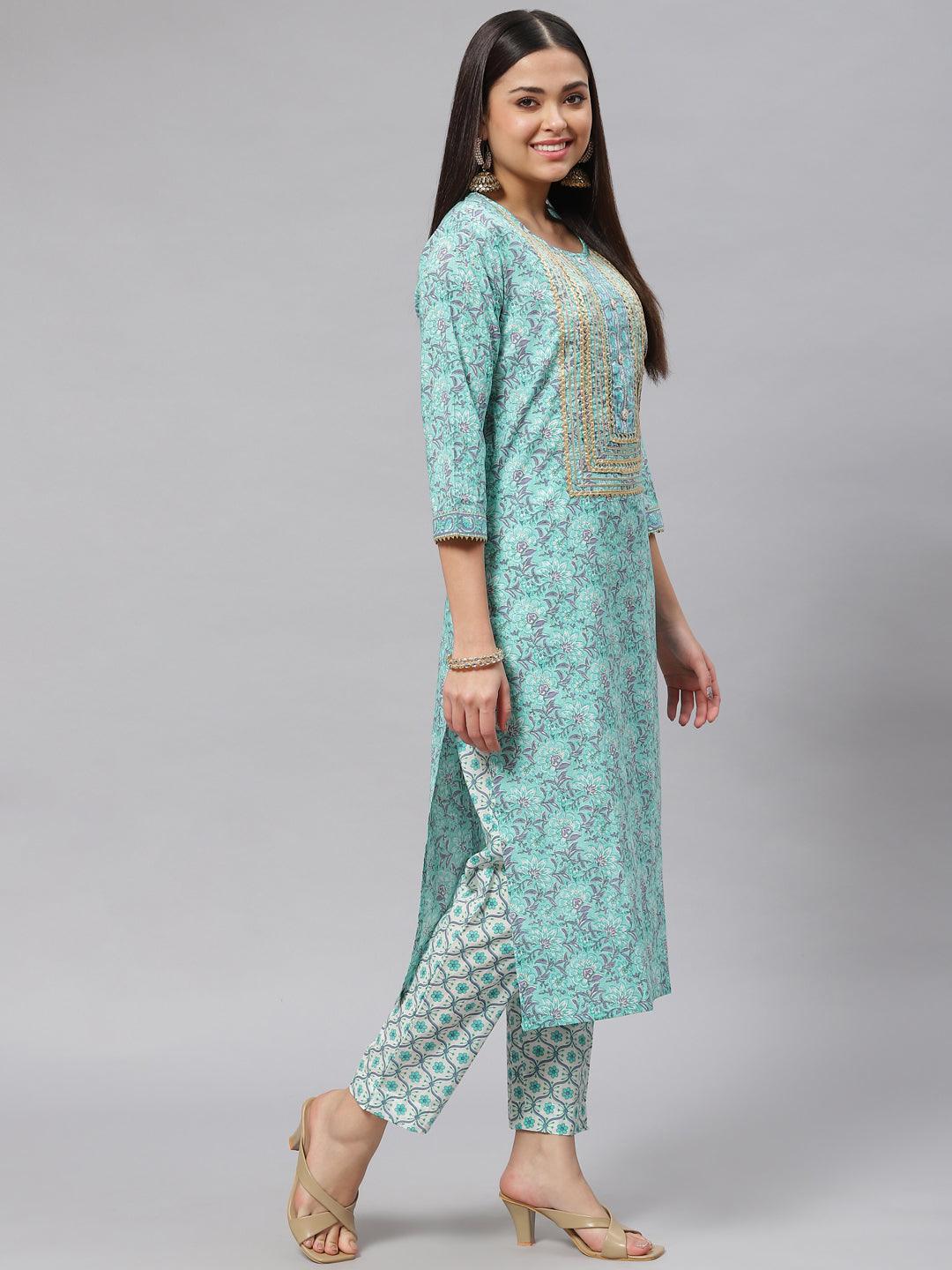 Divena Seagreen Cotton kurta Pant set with Dupatta