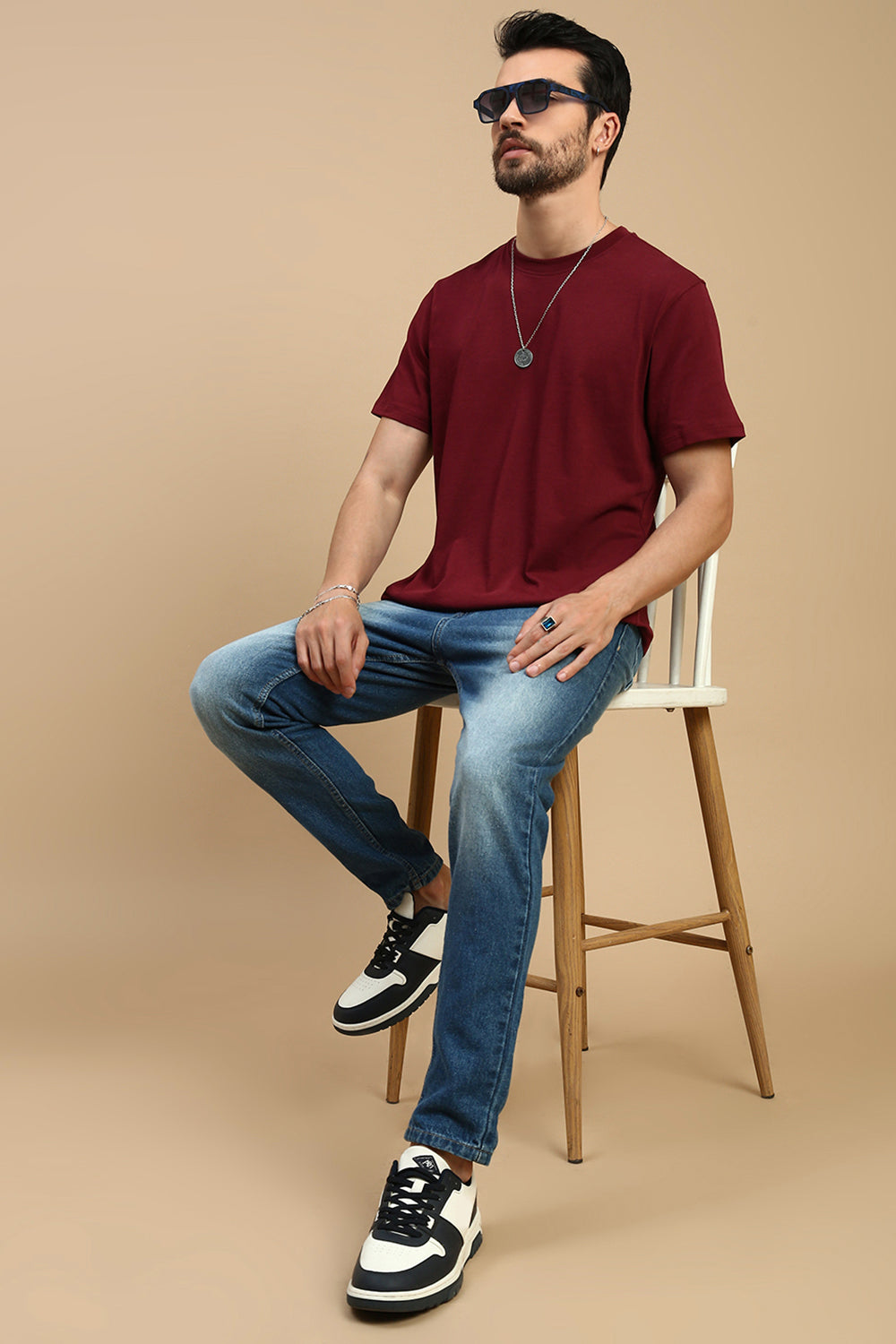Men Burgundy Basic Crew Neck T-Shirt
