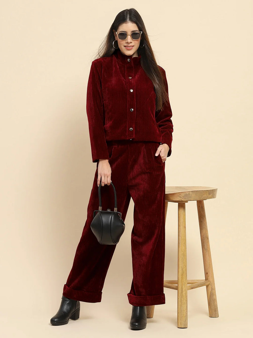 Wine Solid Loose Fit Lower