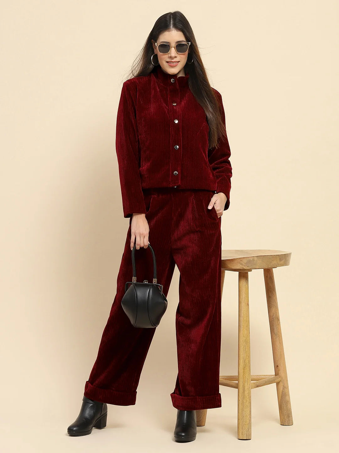 Wine Solid Loose Fit Lower