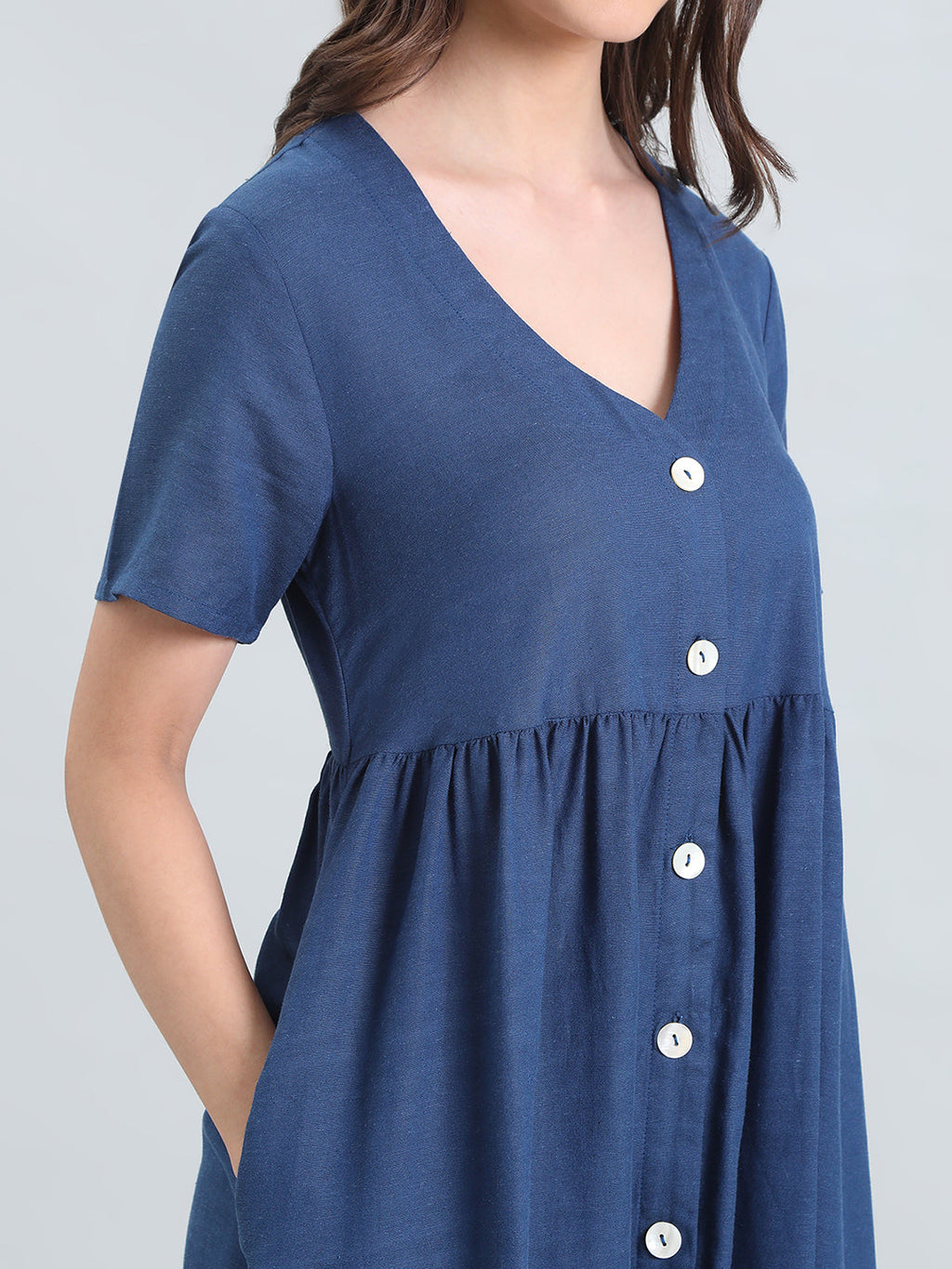 Linen V-Neck Regular Fit Short Dress