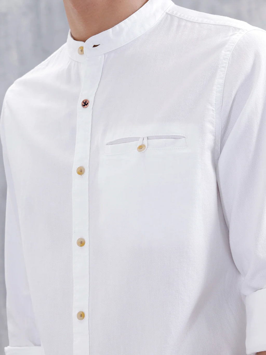 100% Cotton Solid Mandarin Collar Shirt | Off White