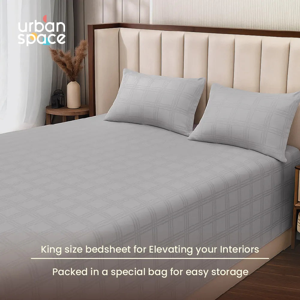 300 TC Super Soft King Bedsheet, Self Woven Checks Design - Silver Grey Checks