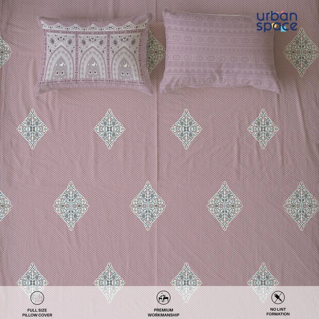 Serene 300 TC 100% Cotton Bedsheet with Pillow Covers, Panel Design - Jharokha Mauve