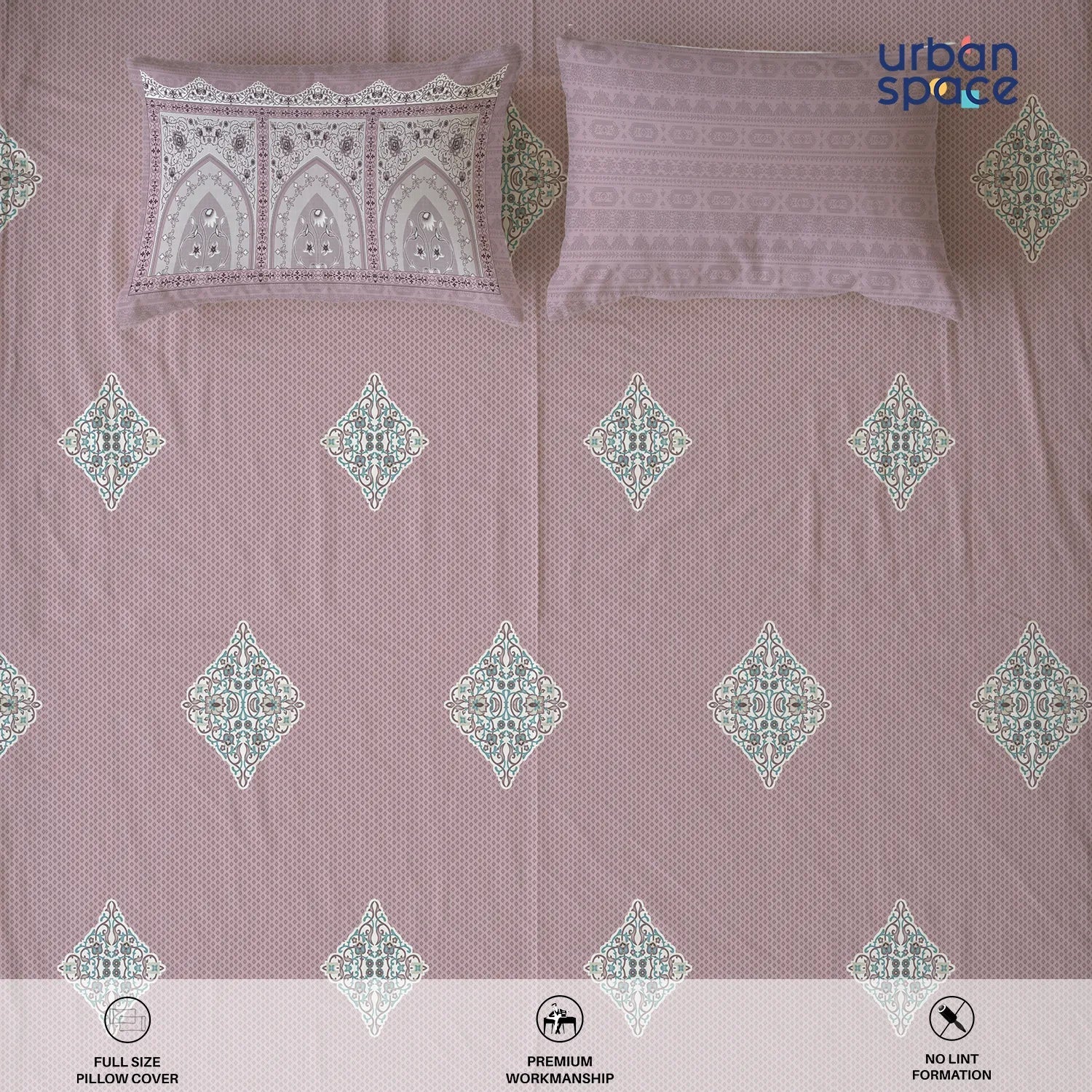 Serene 300 TC 100% Cotton Bedsheet with Pillow Covers, Panel Design - Jharokha Mauve