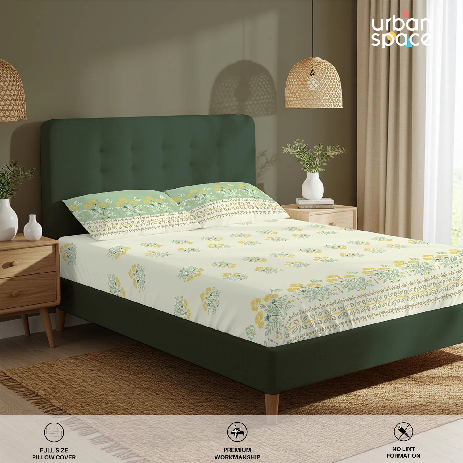 Serene 200 TC 100% Cotton Bedsheet with Pillow Covers - Malhaar Sage Green