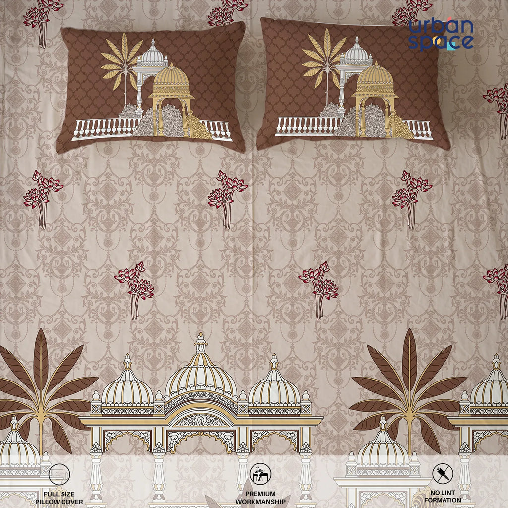 Serene 300 TC 100% Cotton Bedsheet with Pillow Covers, Panel Design - Aangan Brown