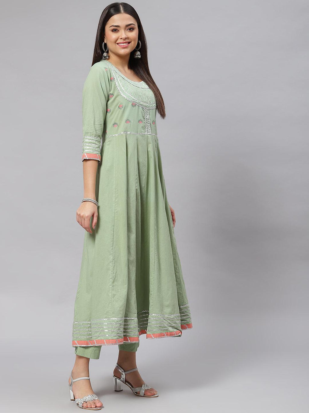 Divena Solid Green Anarkali Kurta Pant Set with Kota doria dupatta