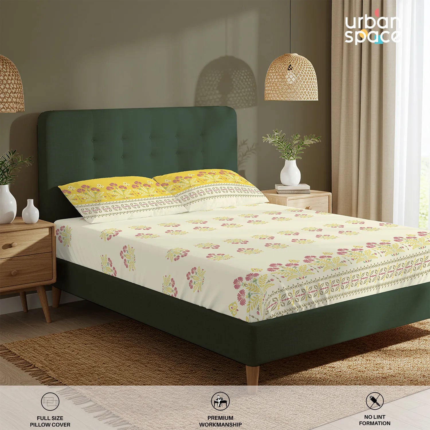 Serene 200 TC 100% Cotton Bedsheet with Pillow Covers - Malhaar Mustard Yellow