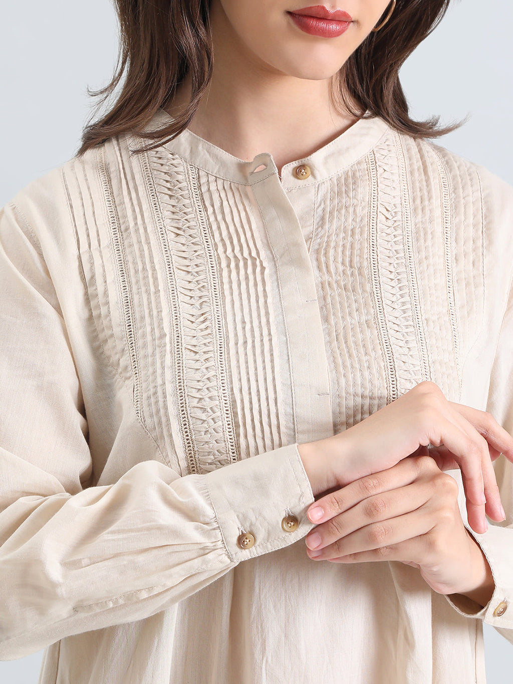 Cotton Pin-Tuck & Lace Trim Mandarin Collar Dress