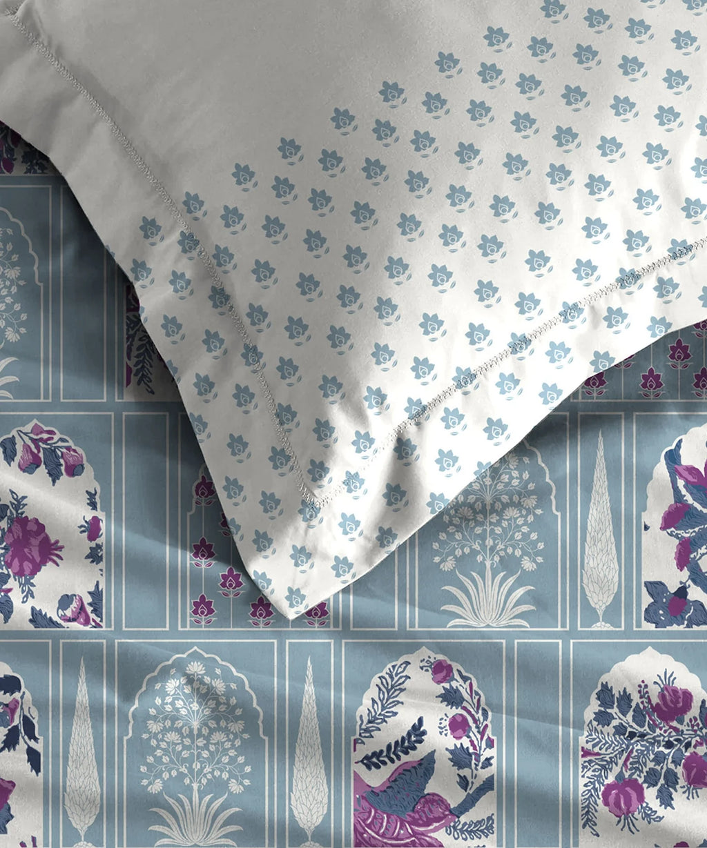 Celebration Queen Bedsheet Set, Aangan Blue | 144 TC Cotton| 2 Pillow Covers