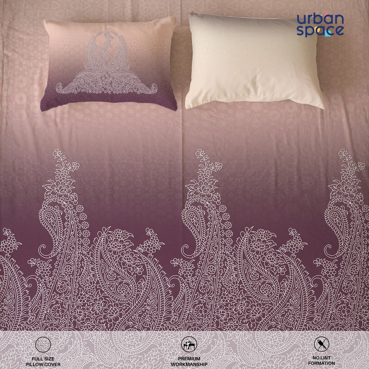 Serene 300 TC 100% Cotton Bedsheet with Pillow Covers, Panel Design - Ruhani Mauve