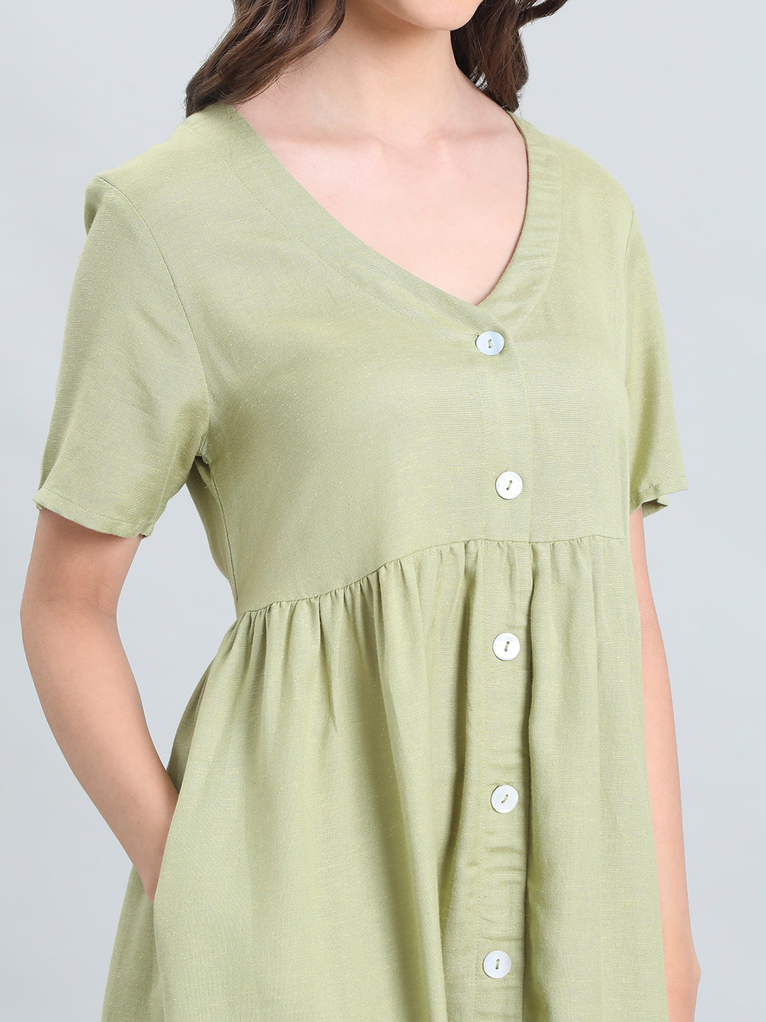 Linen V-Neck Regular Fit Short Dress