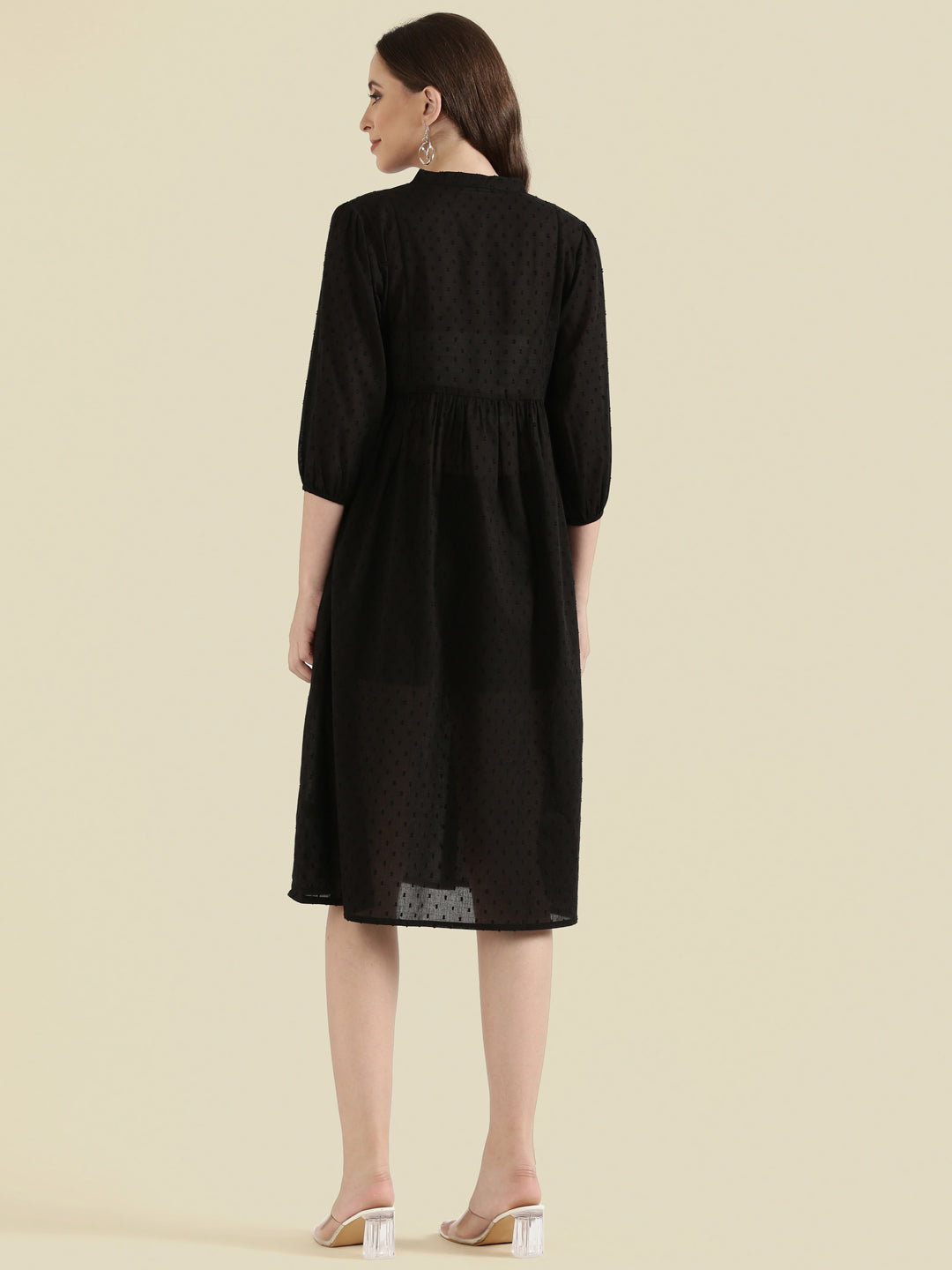 Cotton Dobby Geometric Embroidered Yoke Gathered Midi Dress