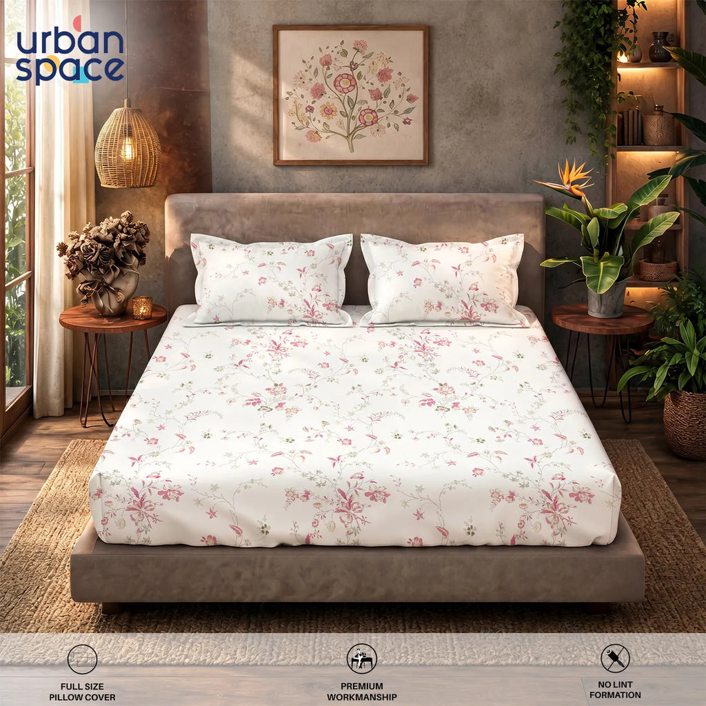 Serene 200 TC 100% Cotton Bedsheet with Pillow Covers - Bloom Pearls Pink