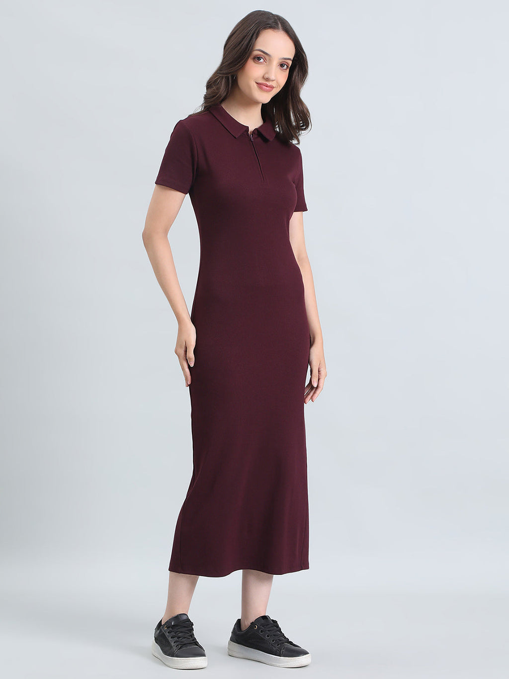 Rib Cotton Slim Fit Polo Neck Long Dress