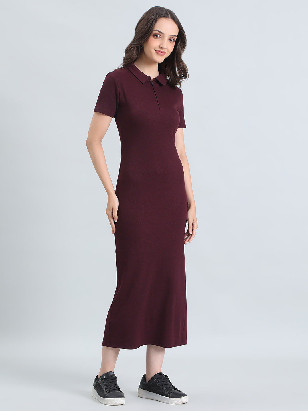 Rib Cotton Slim Fit Polo Neck Long Dress