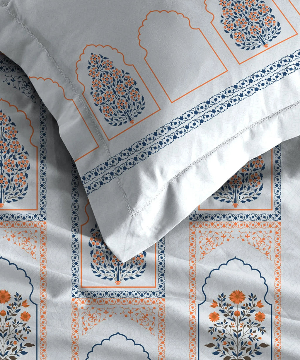 Celebration Queen Bedsheet Set, Mehira Grey | 144 TC Cotton| 2 Pillow Covers