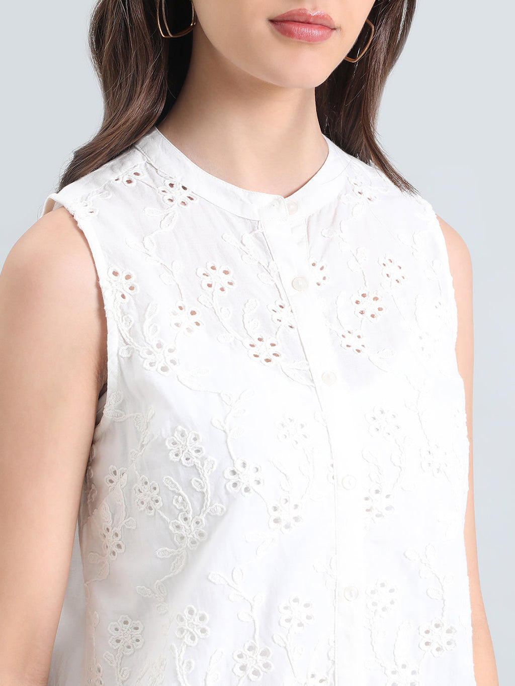Cotton Embroidered Mandarin Collar Hakoba Blouse