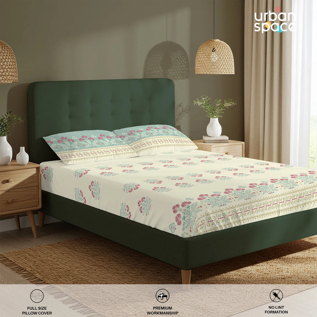 Serene 200 TC 100% Cotton Bedsheet with Pillow Covers - Malhaar Dusty Blue
