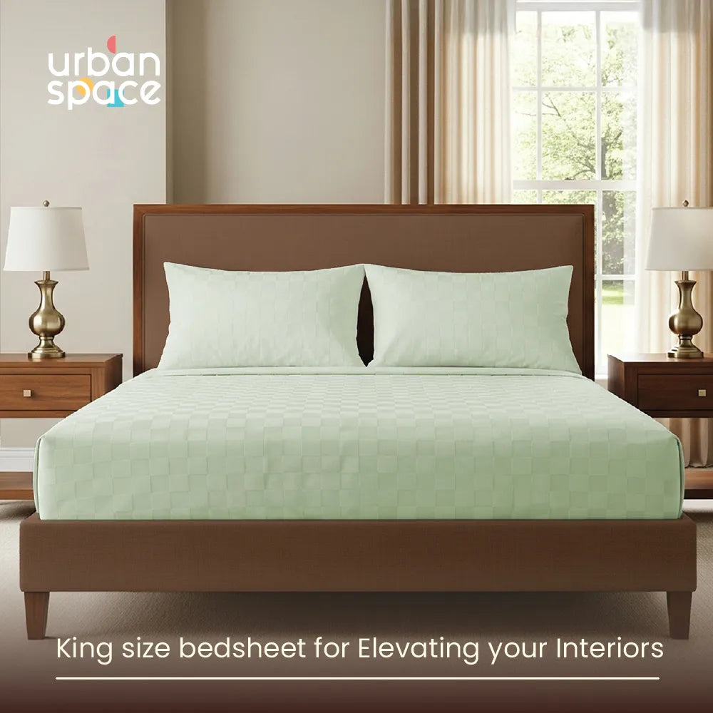 300 TC Super Soft King Bedsheet, Self Woven Cubes Design - Tea Green Cubes