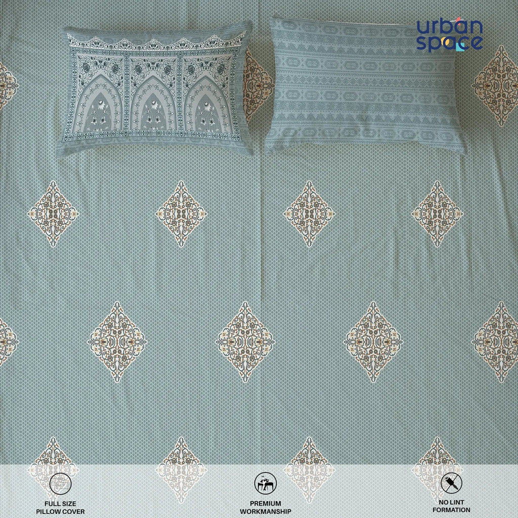 Serene 300 TC 100% Cotton Bedsheet with Pillow Covers, Panel Design - Jharokha Dusty Blue