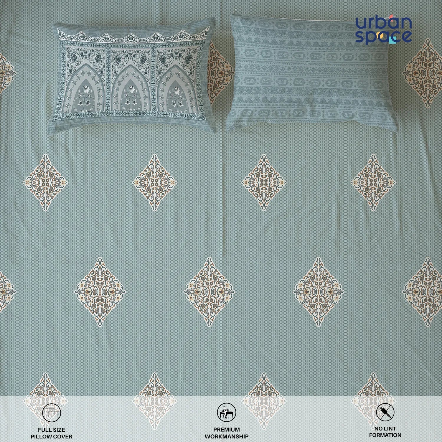 Serene 300 TC 100% Cotton Bedsheet with Pillow Covers, Panel Design - Jharokha Dusty Blue