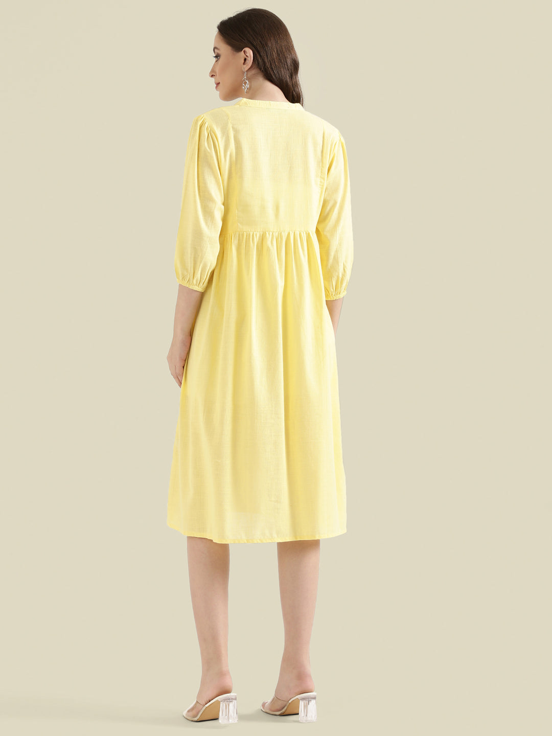 Cotton Slub Butti Embroidered Yoke Gathered Midi Dress