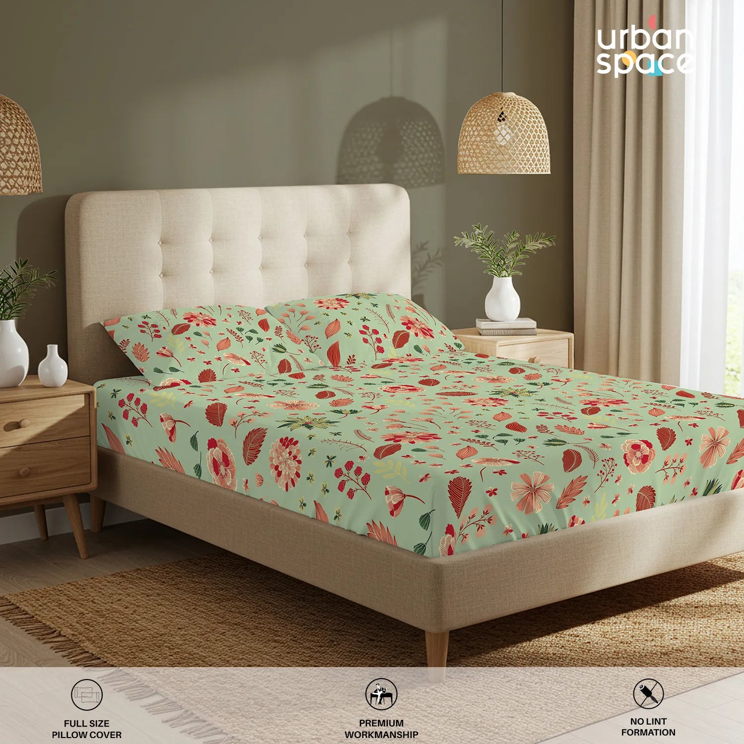 Serene 200 TC 100% Cotton Bedsheet with Pillow Covers - Florence Sage Green