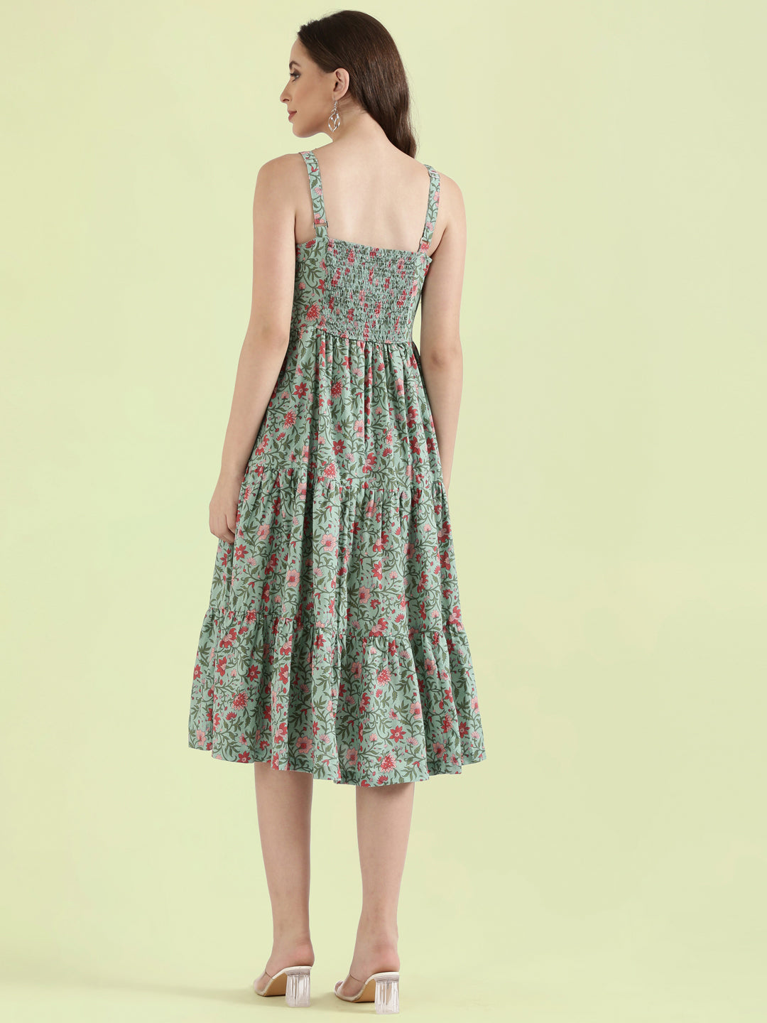 Floral Print Cotton Fit & Flare Square Neck Dress