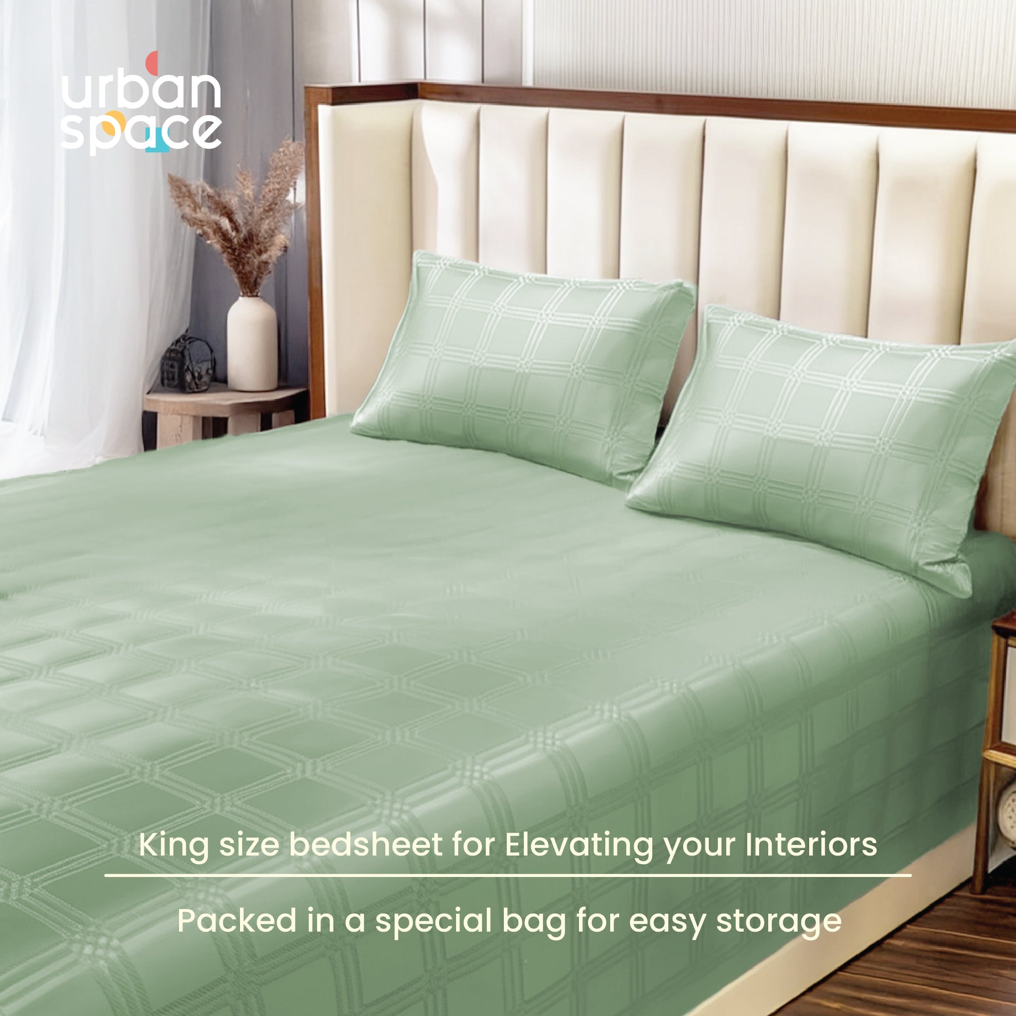 300 TC Super Soft King Bedsheet, Self Woven Checks Design - Sage Green Checks