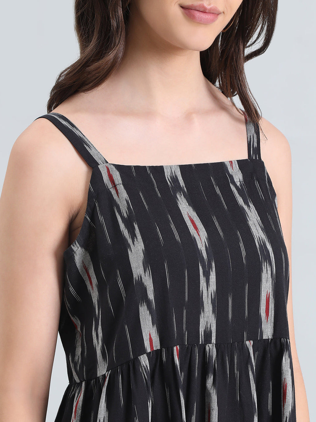 Ikat Print Cotton Smocked Back Tiered Dress