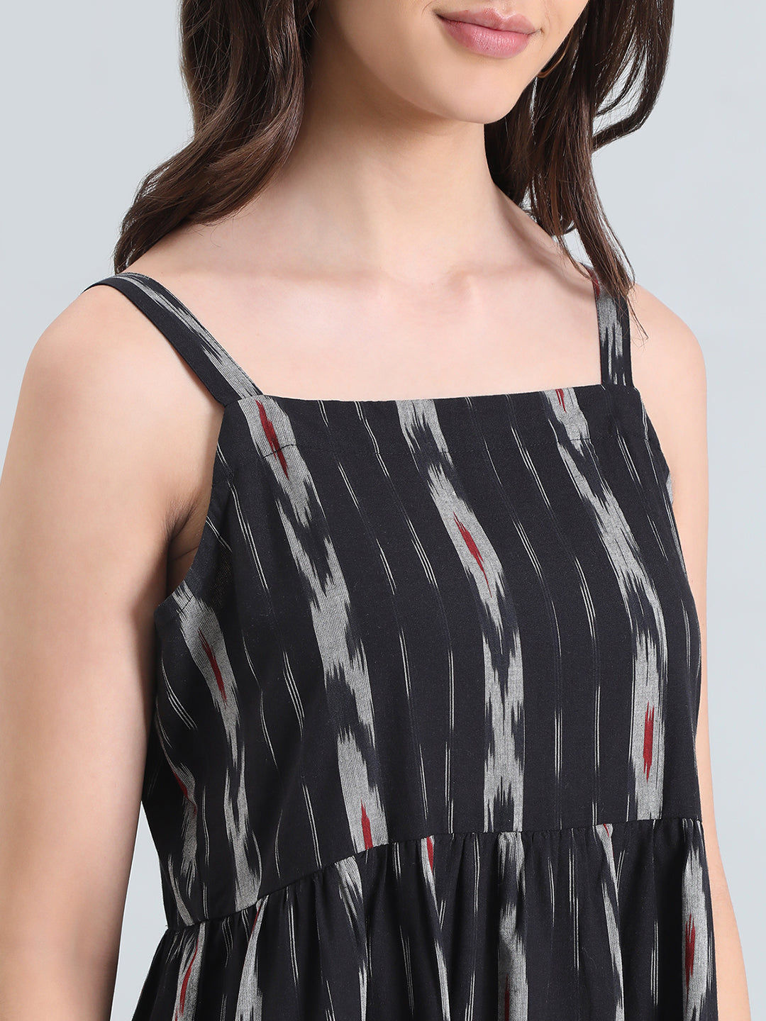 Ikat Print Cotton Smocked Back Tiered Dress