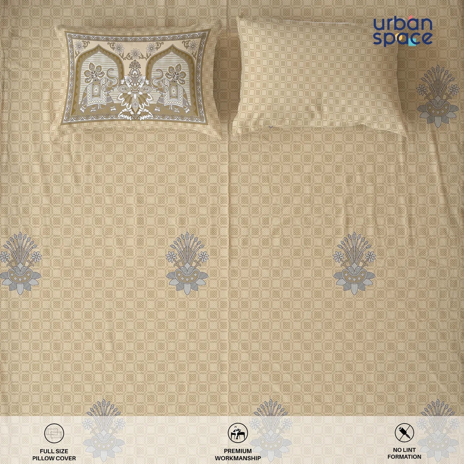 Serene 300 TC 100% Cotton Bedsheet with Pillow Covers, Panel Design - Vanraj Beige