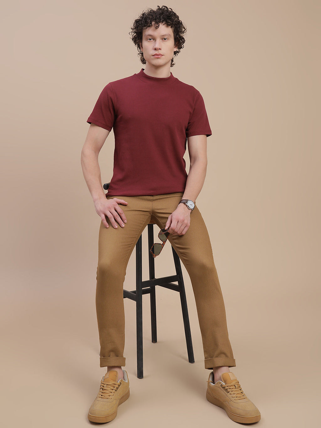 Men Burgundy High Neck Tee