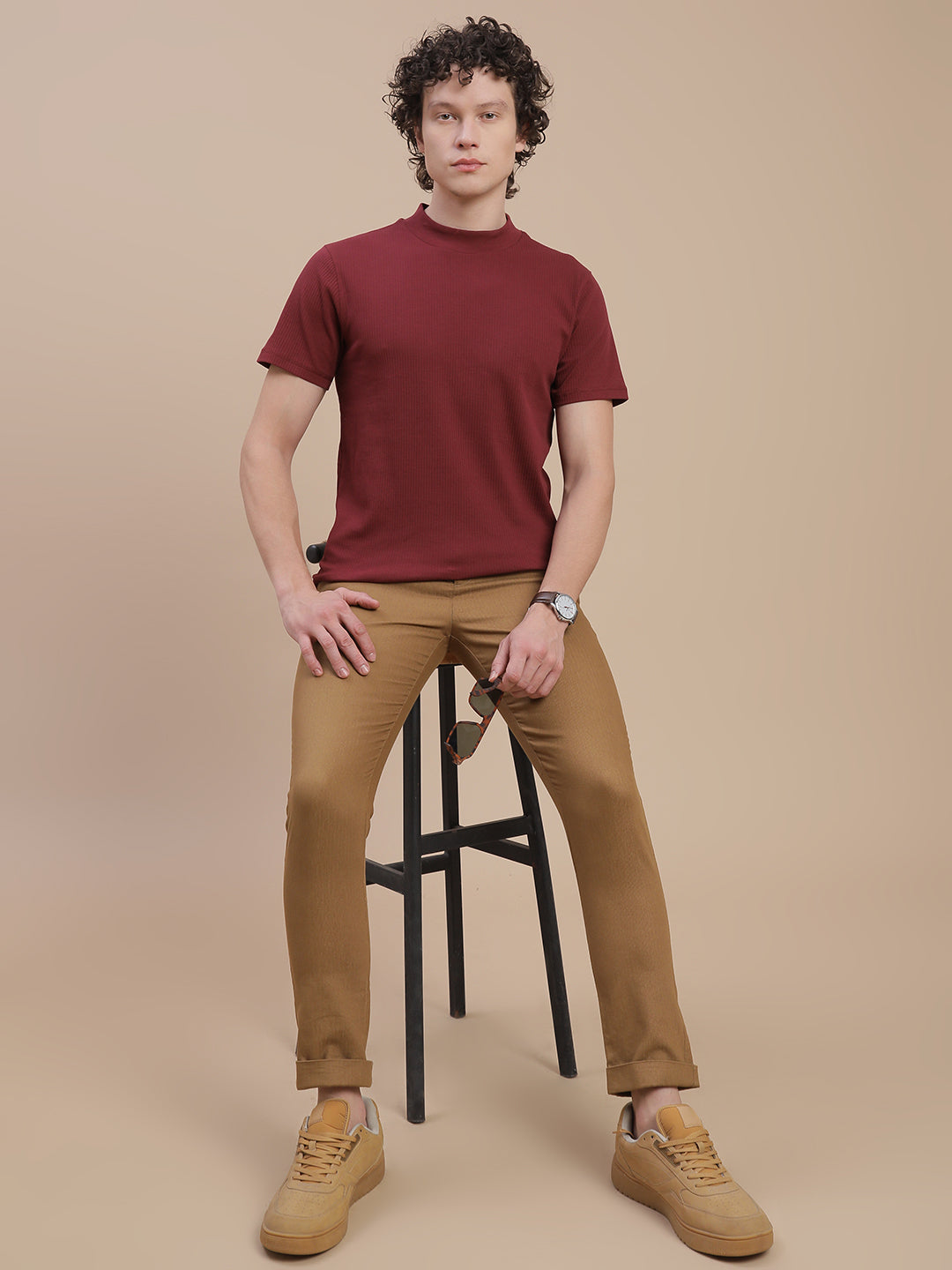 Men Burgundy High Neck Tee