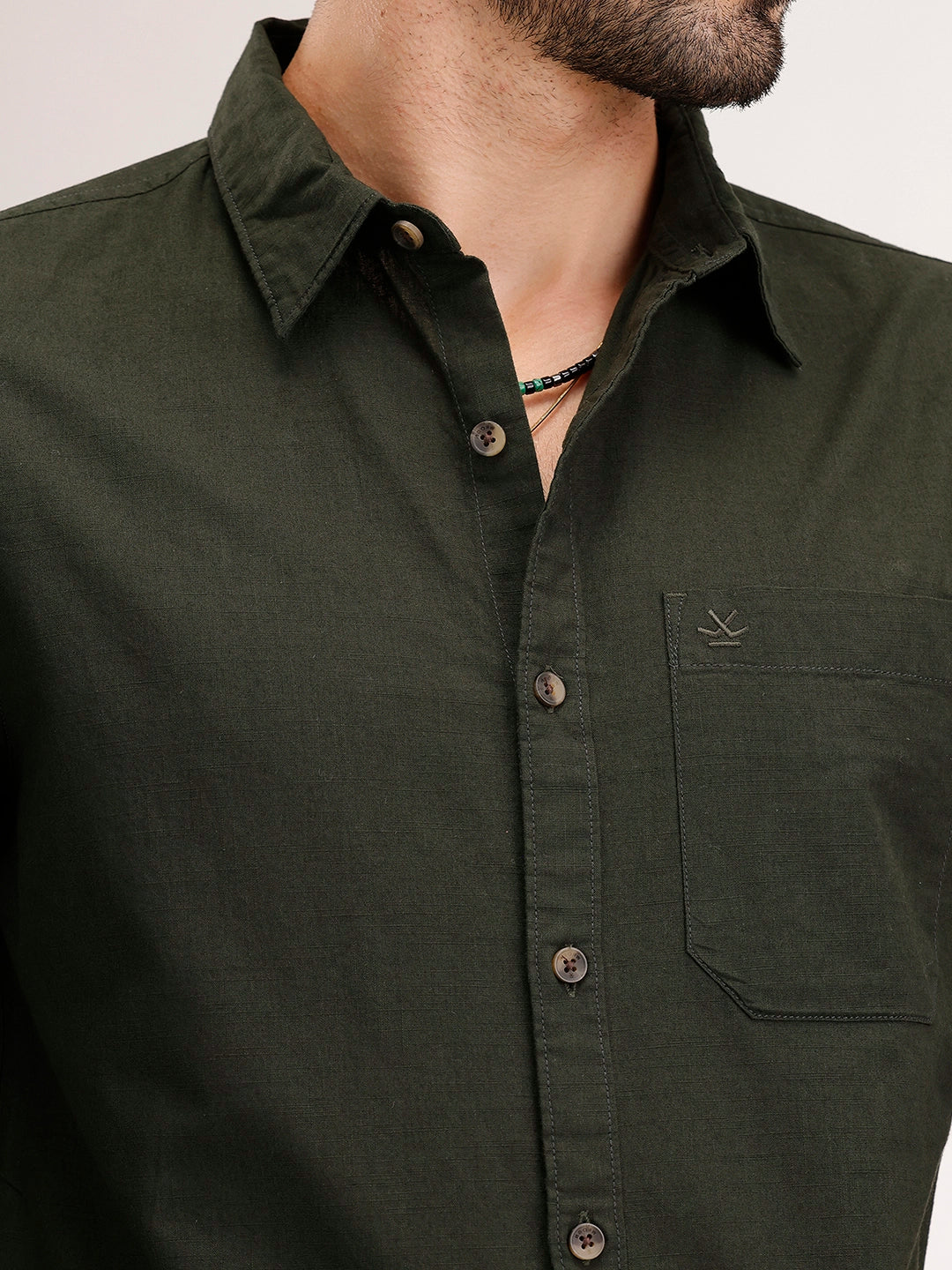 Solid Regular Fit Linen Blend Shirt | Olive