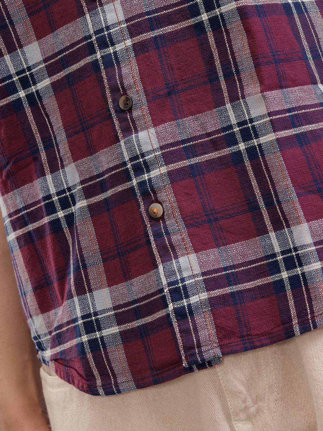 Slim Fit Check Shirt In Special Slub Weave | Maroon