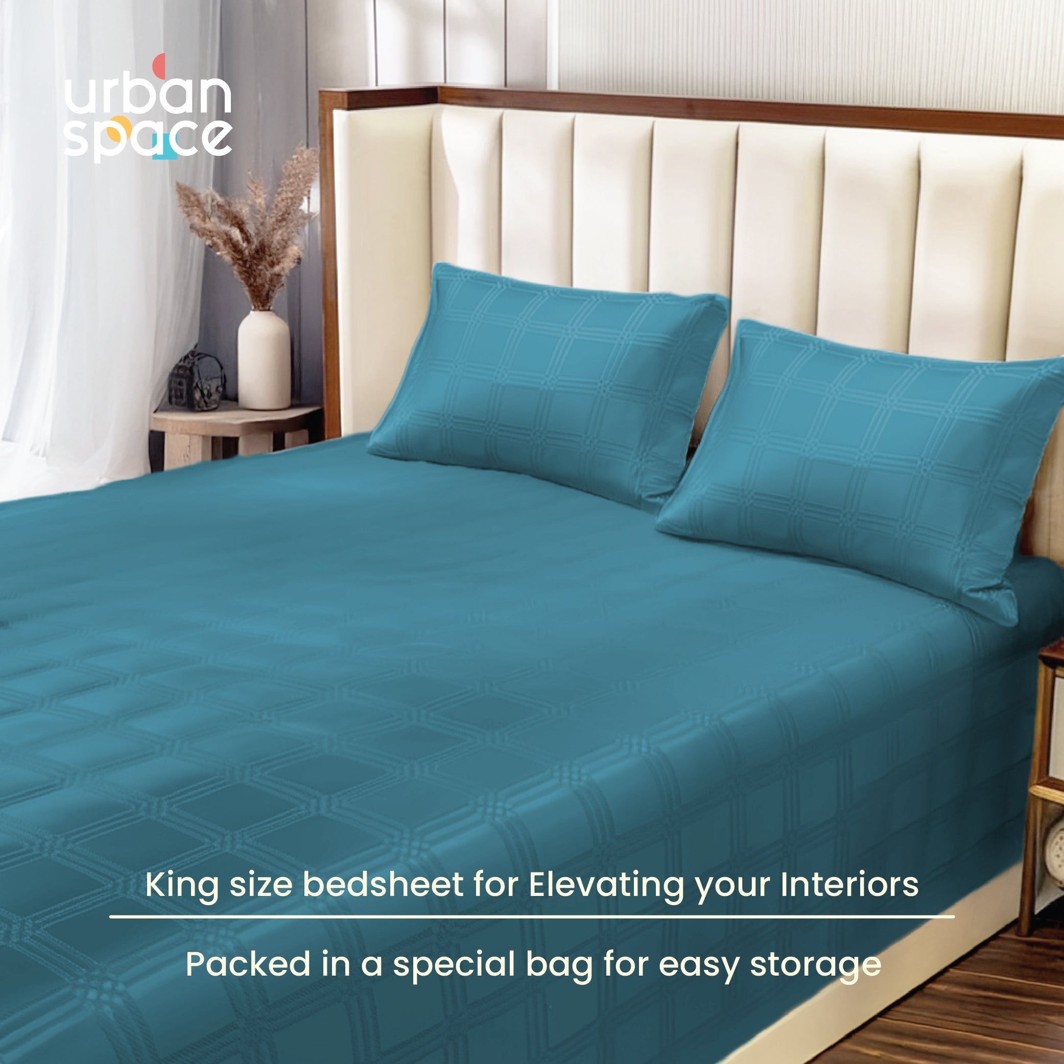 300 TC Super Soft King Bedsheet, Self Woven Checks Design - Dark Teal Checks