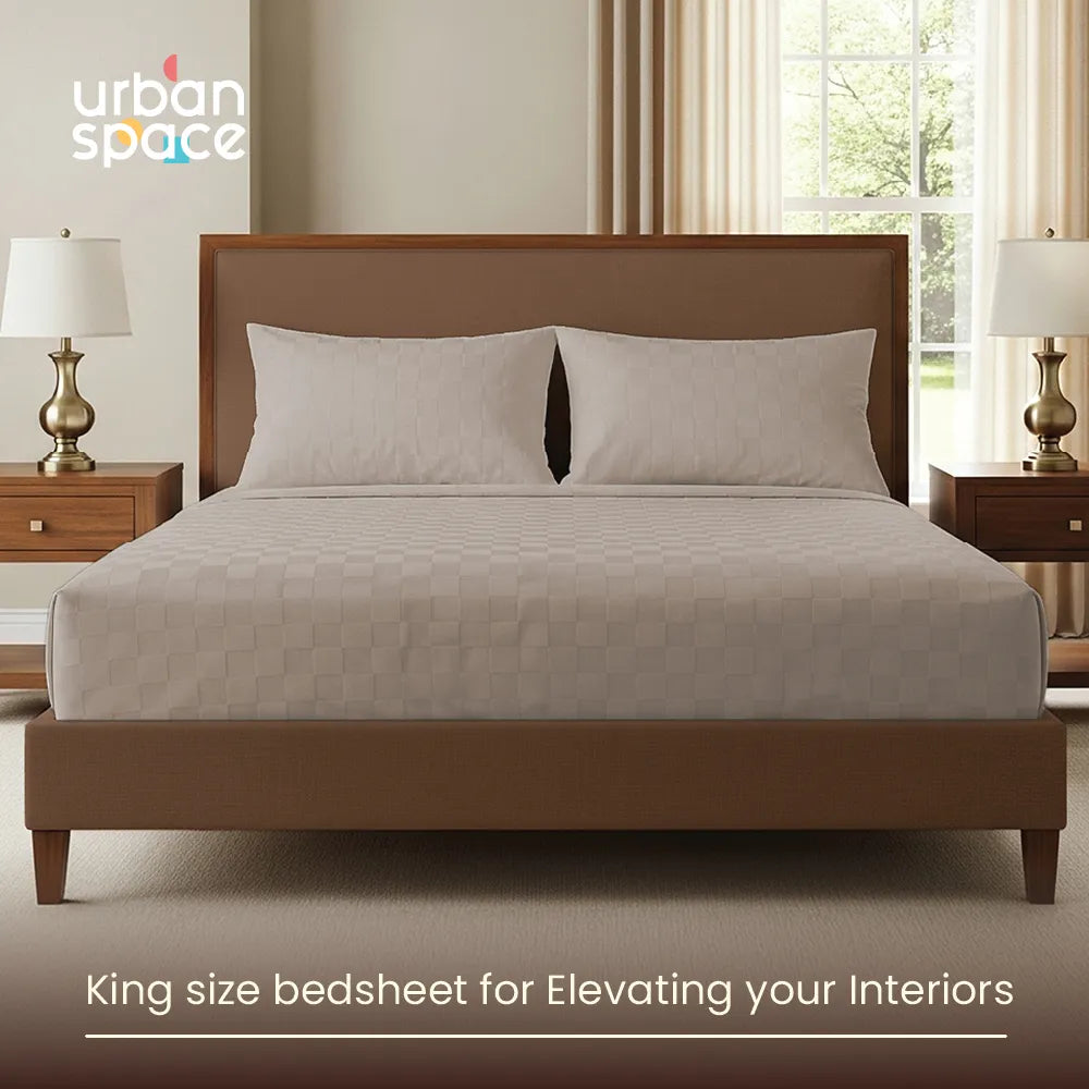 300 TC Super Soft King Bedsheet, Self Woven Cubes Design - Soft Brown Cubes