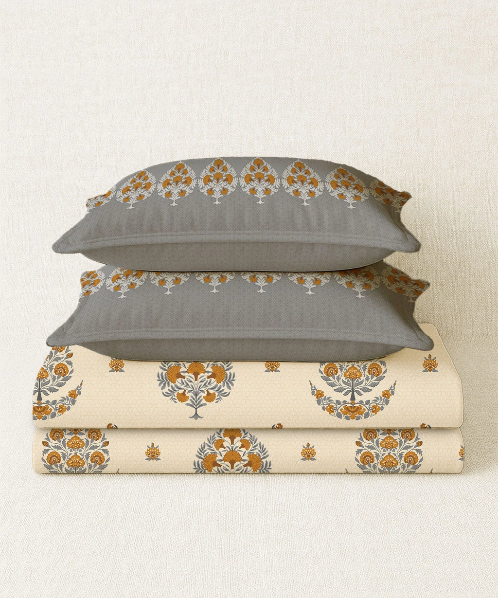 Home Essential Royal Bloom Queen Bedsheet Set, Lindon Grey| 144TC Cotton| 2 Pillow Covers