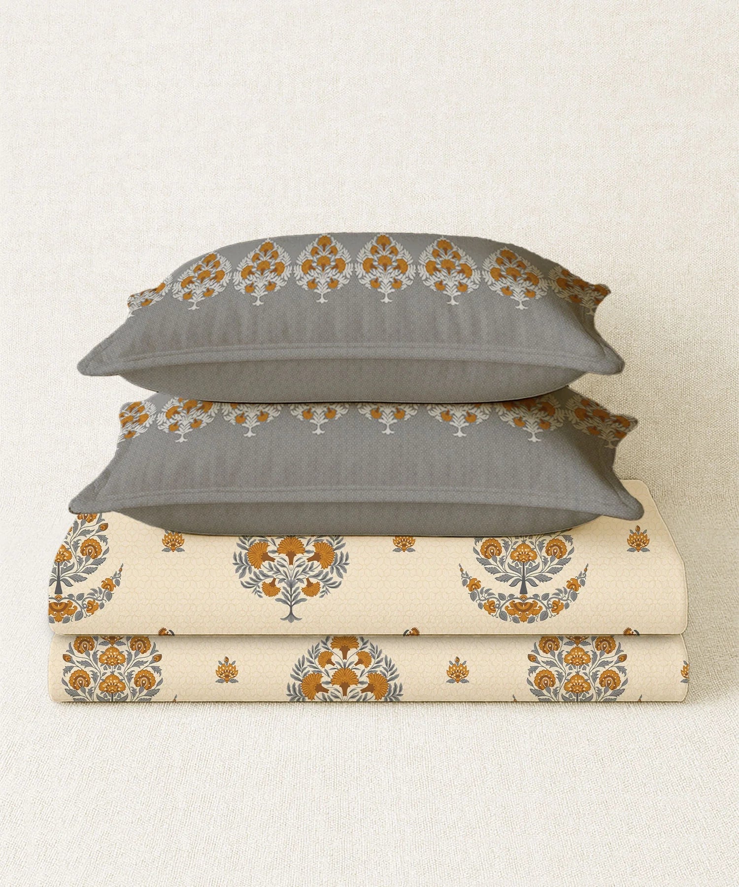 Home Essential Royal Bloom Queen Bedsheet Set, Lindon Grey| 144TC Cotton| 2 Pillow Covers