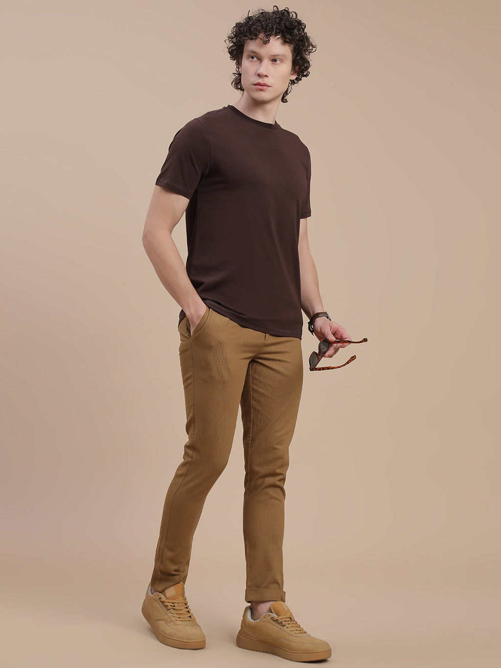 Men Brown Basic Crew Neck T-Shirt