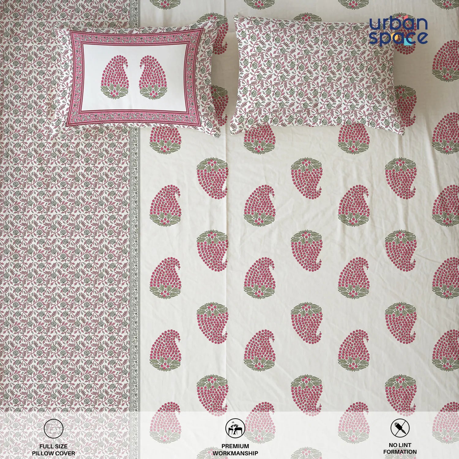 Serene 300 TC 100% Cotton Bedsheet with Pillow Covers, Panel Design - Kairavi Pink