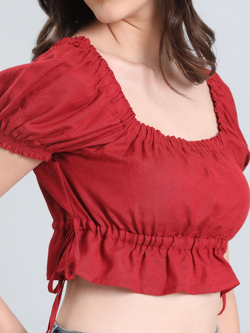 Linen Blend Square Neck Cropped Gathered Blouse