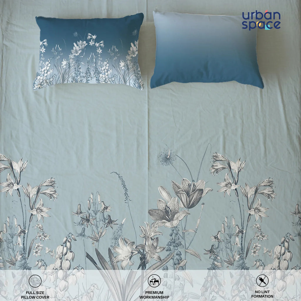 Serene 300 TC 100% Cotton Bedsheet with Pillow Covers, Panel Design - Aranya Blue