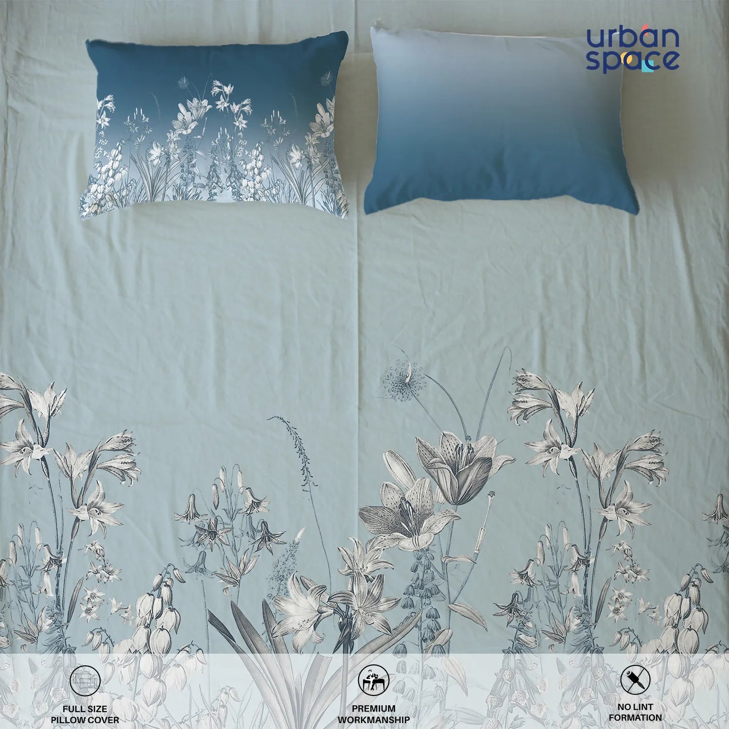 Serene 300 TC 100% Cotton Bedsheet with Pillow Covers, Panel Design - Aranya Blue