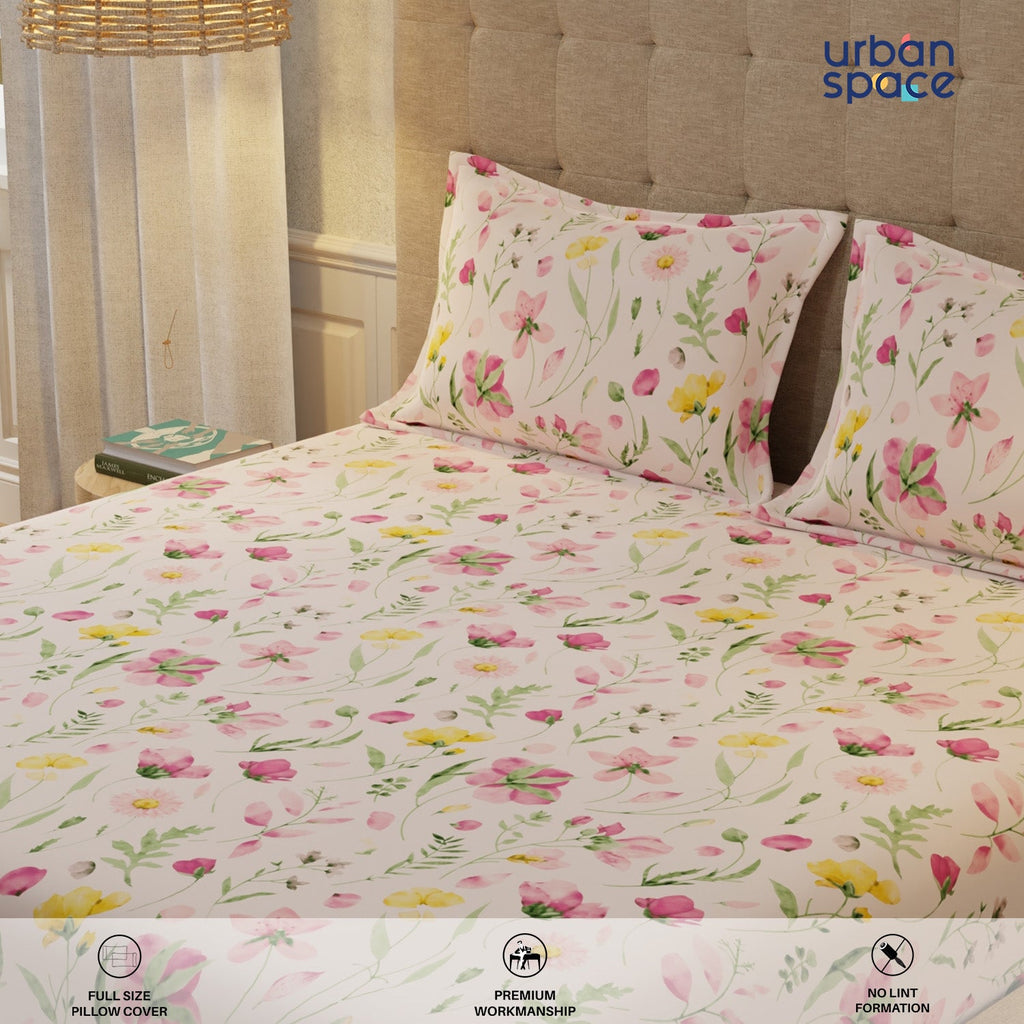 200 TC 100% Cotton Bedsheet Set in Gift Box - Meadows Pink